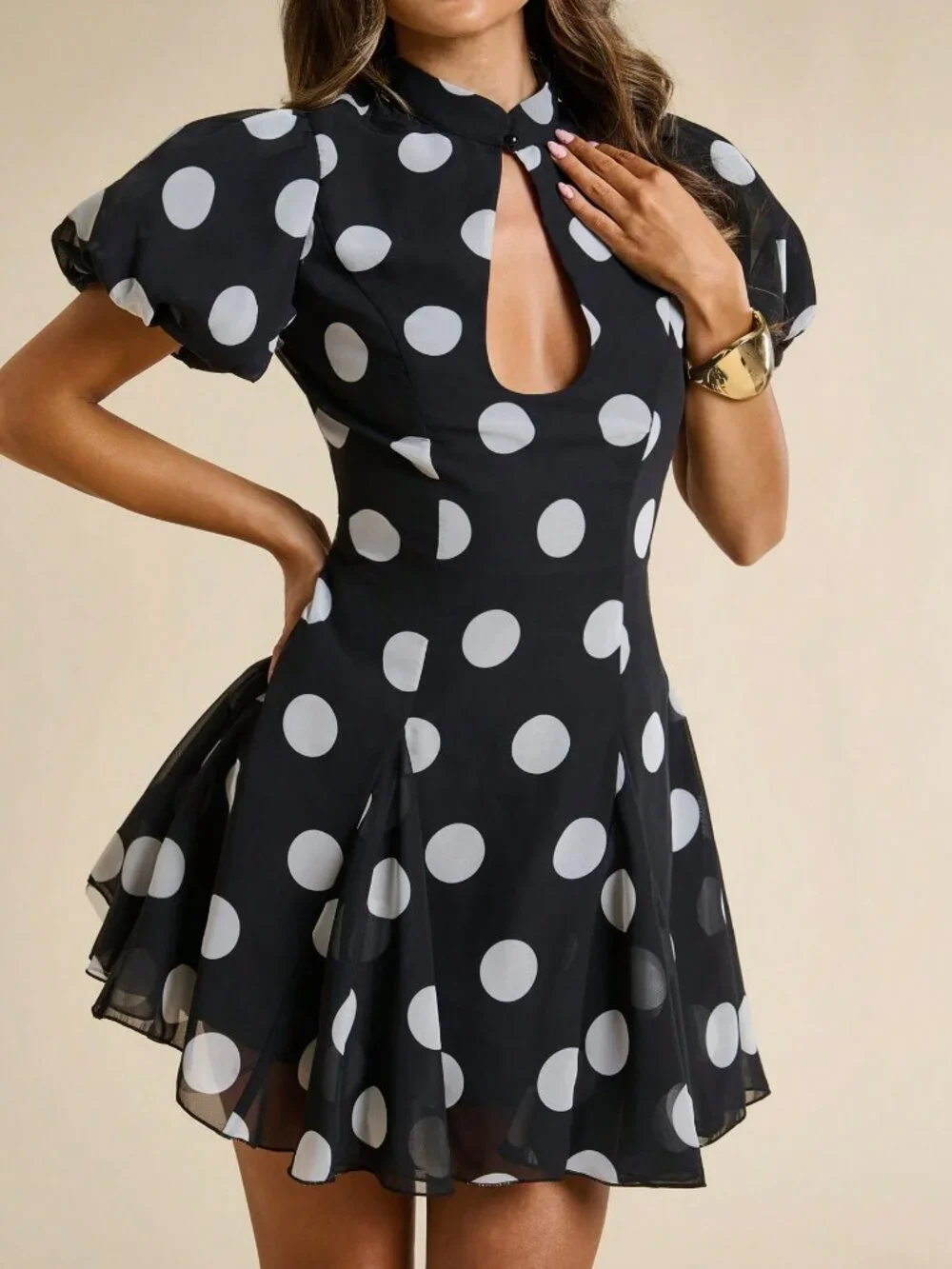 Black and White Casual Women's Polka Dot Qipao Puff Sleeve Mini Dress